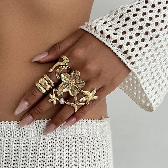 Women Gold Rings Set Stackable Knuckle Flower Pearl Chunky Statement Fashion - Picture 3 of 7